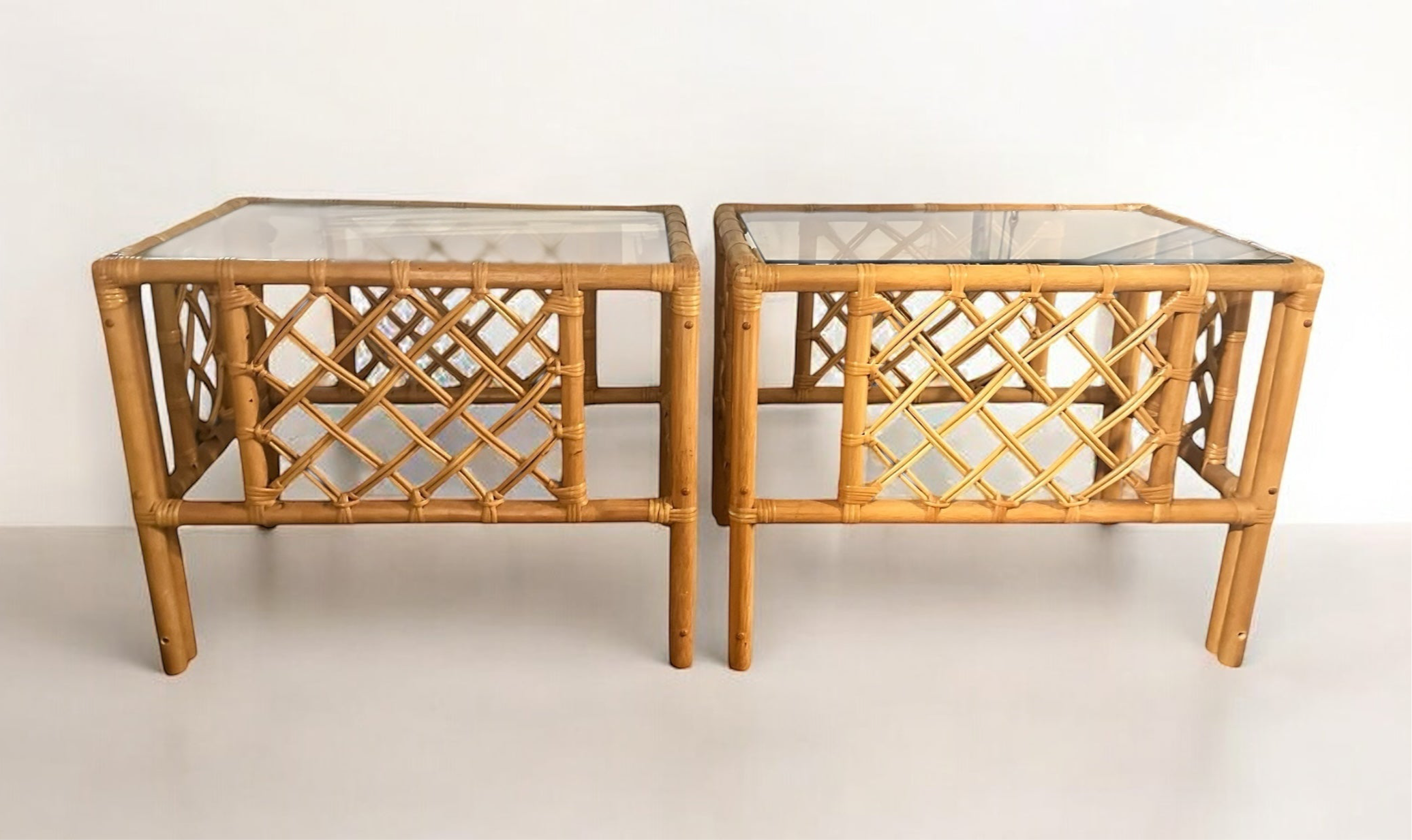 Vintage Rattan & Glass Top End Tables - Set of 2
