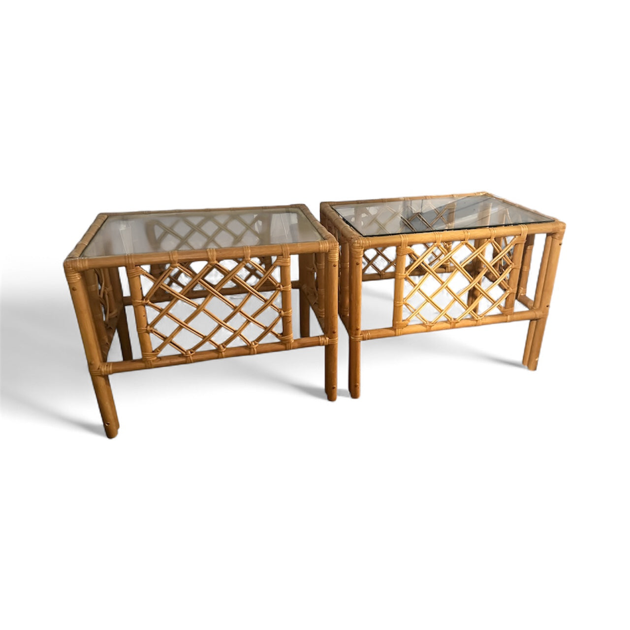 Vintage Rattan & Glass Top End Tables - Set of 2