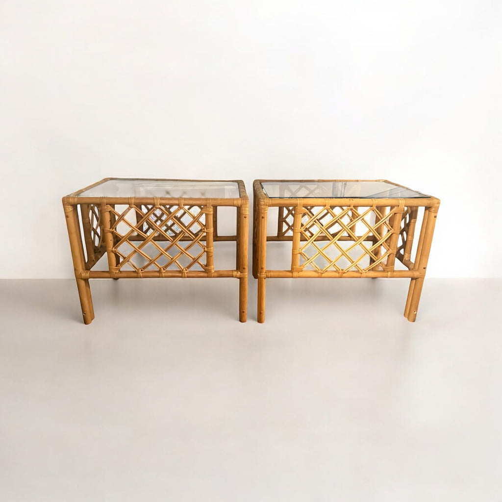 Vintage Rattan & Glass Top End Tables - Set of 2